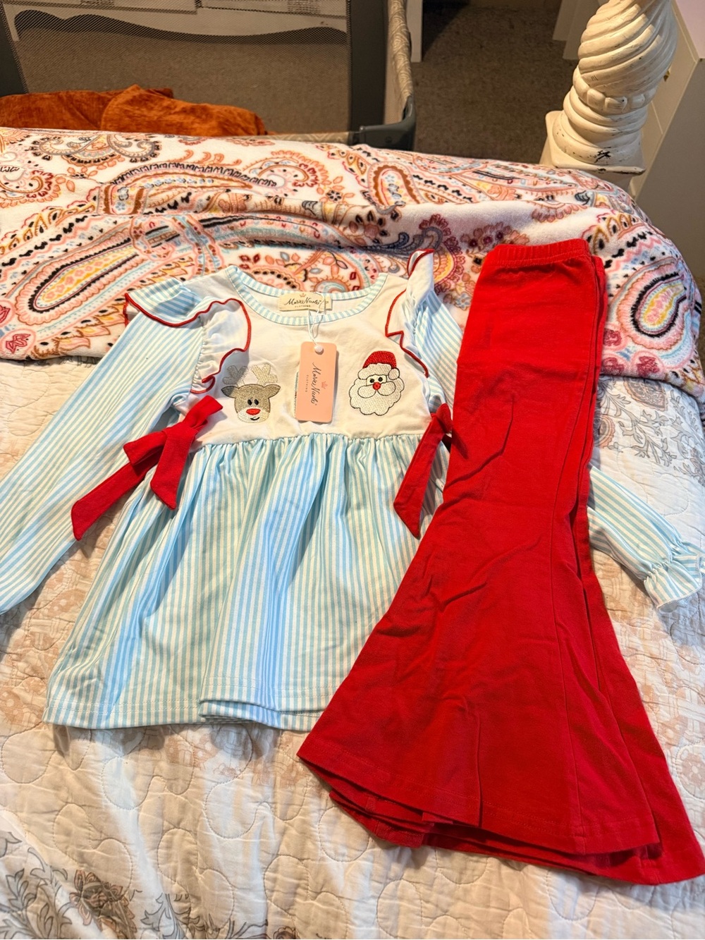 Holiday Reindeer & Santa Kids Matching Set - Blue Stripe Top with Red Pants